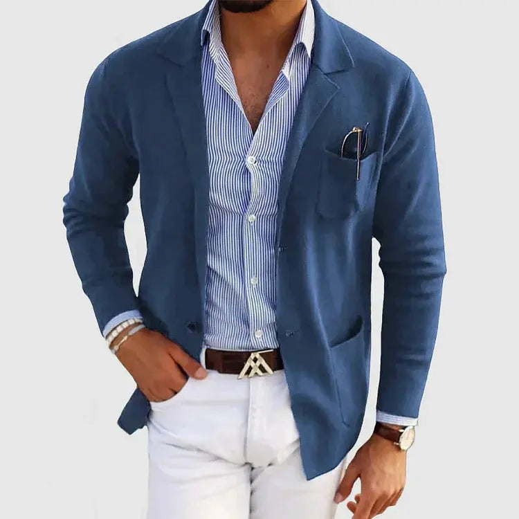 Stylish men's knit blazer, perfect for layering. Its soft fabric offers comfort for versatile business casual outfits.