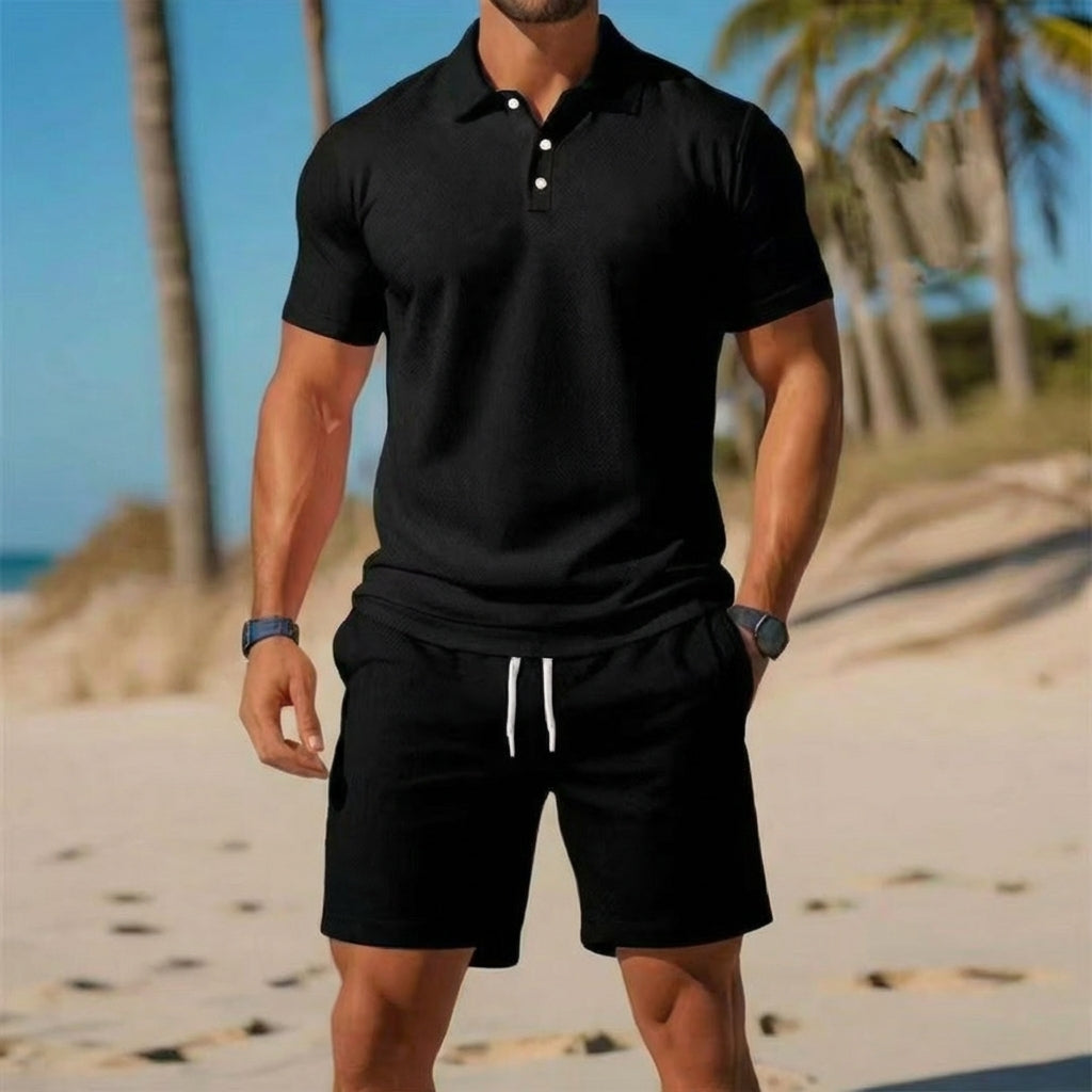 Men's casual knit polo shirt & shorts set. Comfortable two-piece summer outfit in a soft knit fabric.