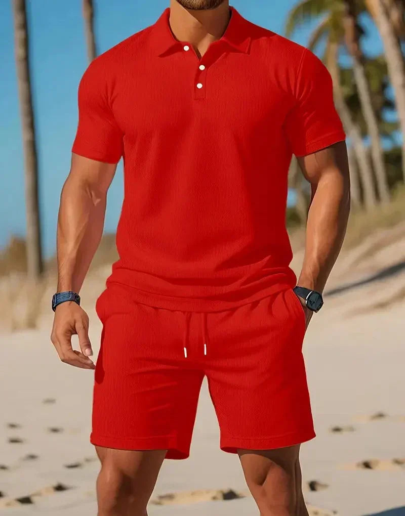 Men's knitted short-sleeve polo shirt from a casual two-piece set, ideal for summer comfort & style.