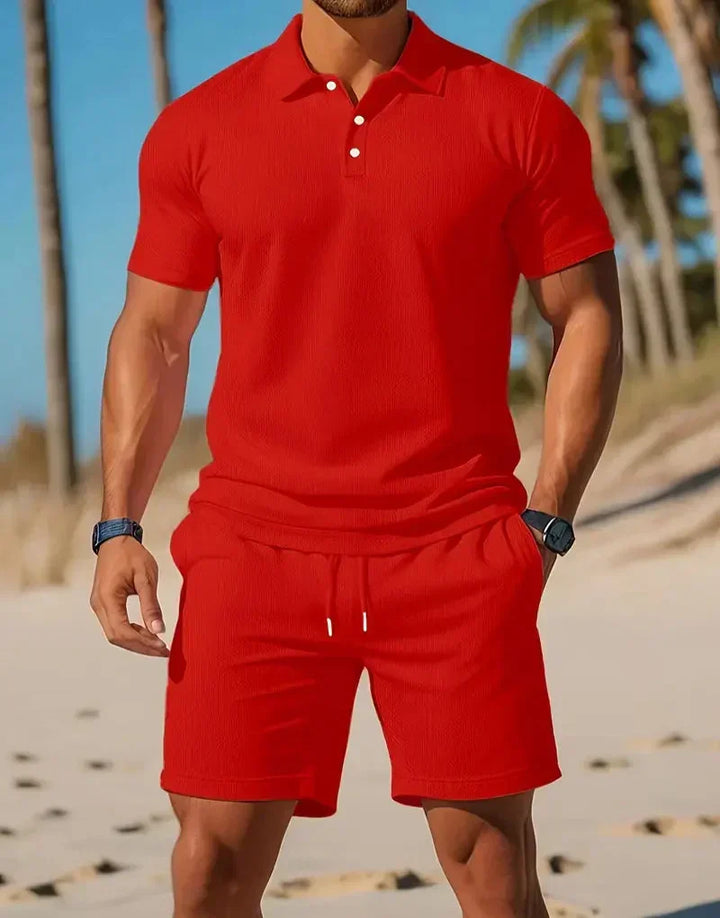 Men's knitted short-sleeve polo shirt from a casual two-piece set, ideal for summer comfort & style.