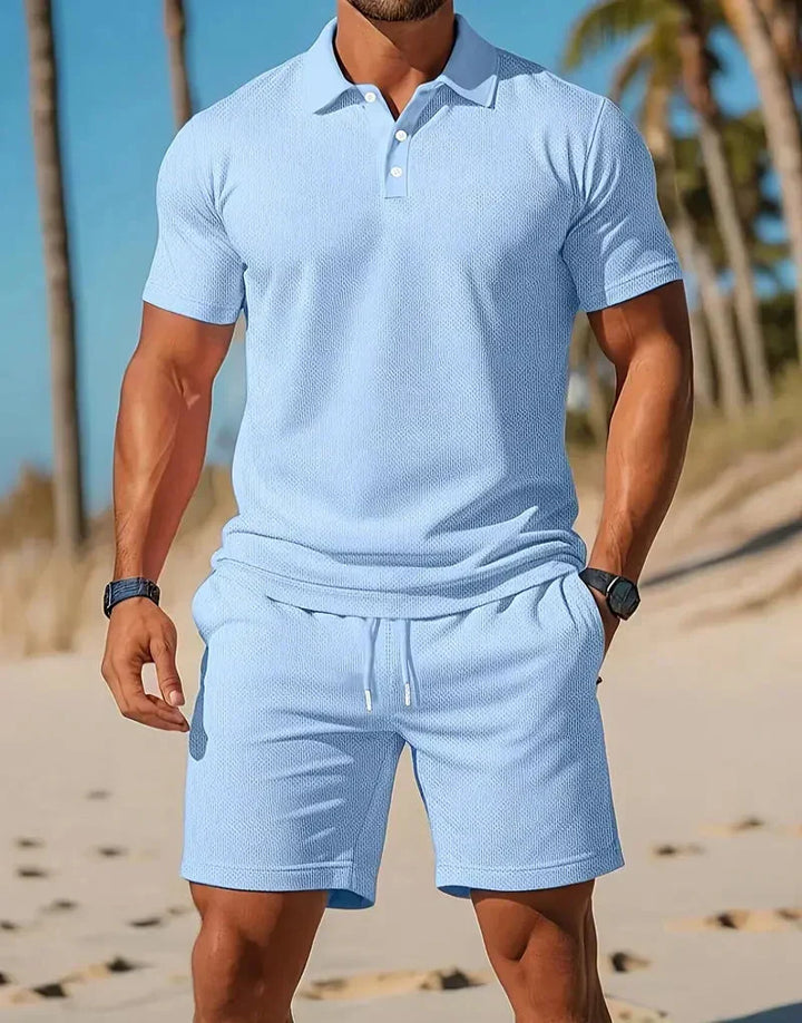 Comfortable men's knit shorts, part of a casual two-piece polo & shorts set. Perfect for summer leisure wear.