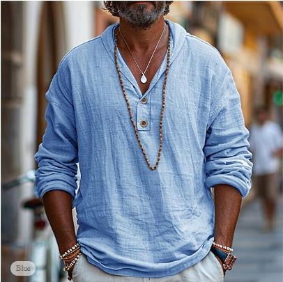 Breathable men's V-neck long sleeve shirt. Lightweight, relaxed fit perfect for casual everyday wear.