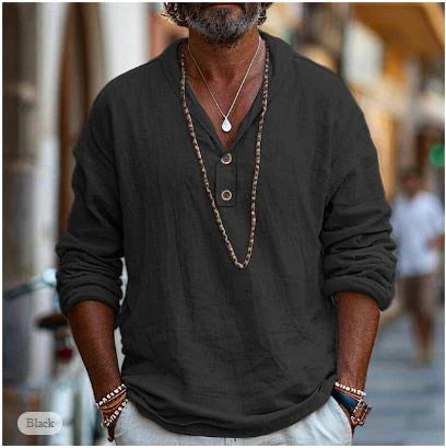 Stylish men's lightweight V-neck shirt. Long sleeve, relaxed fit, ideal for casual summer and everyday wear.