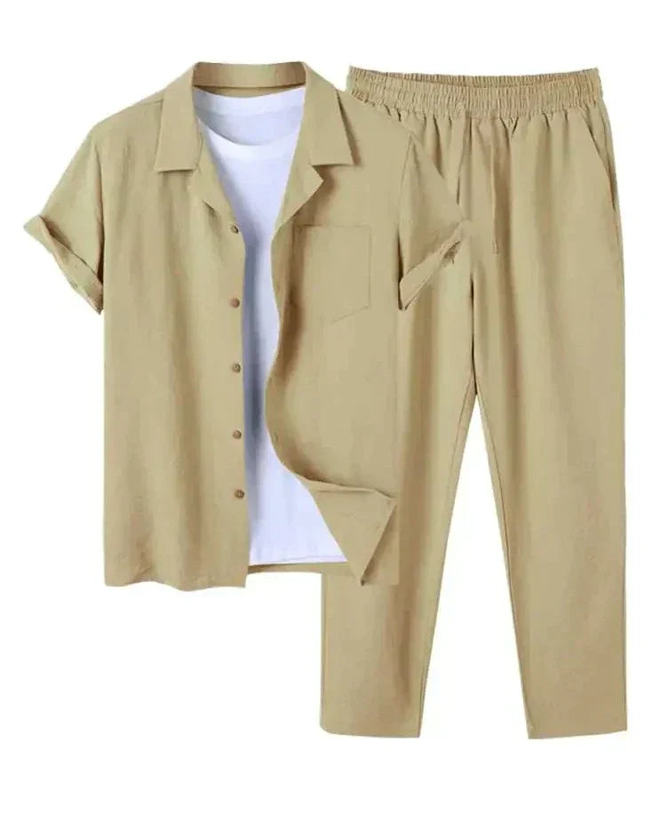 Men's casual linen blend two-piece set with a short sleeve shirt & matching shorts. Ideal for summer resort wear.