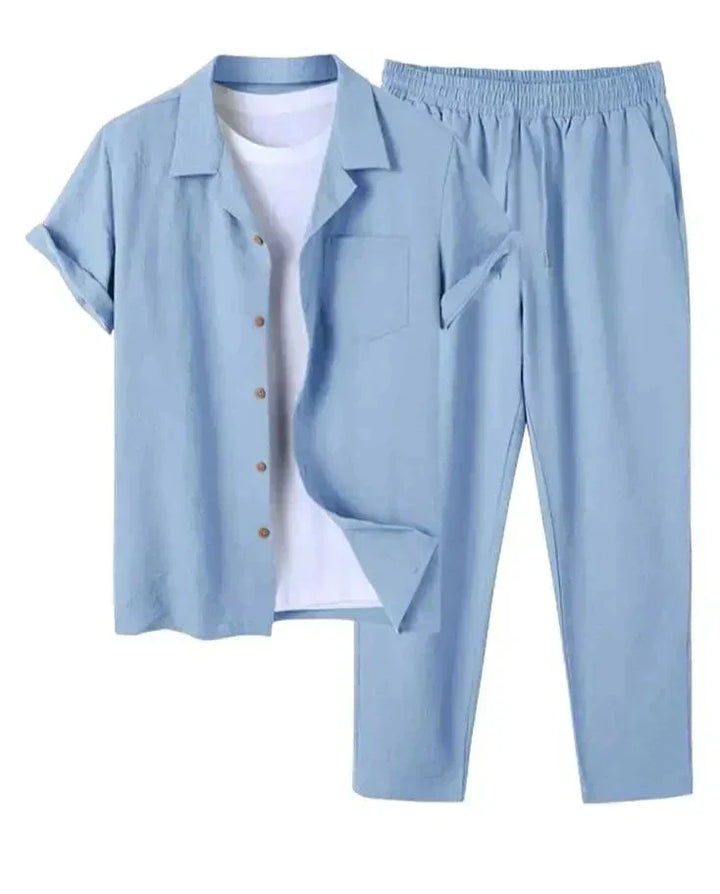 Comfortable men's casual linen blend two-piece set, featuring a short sleeve shirt and shorts. Great for summer & resort.