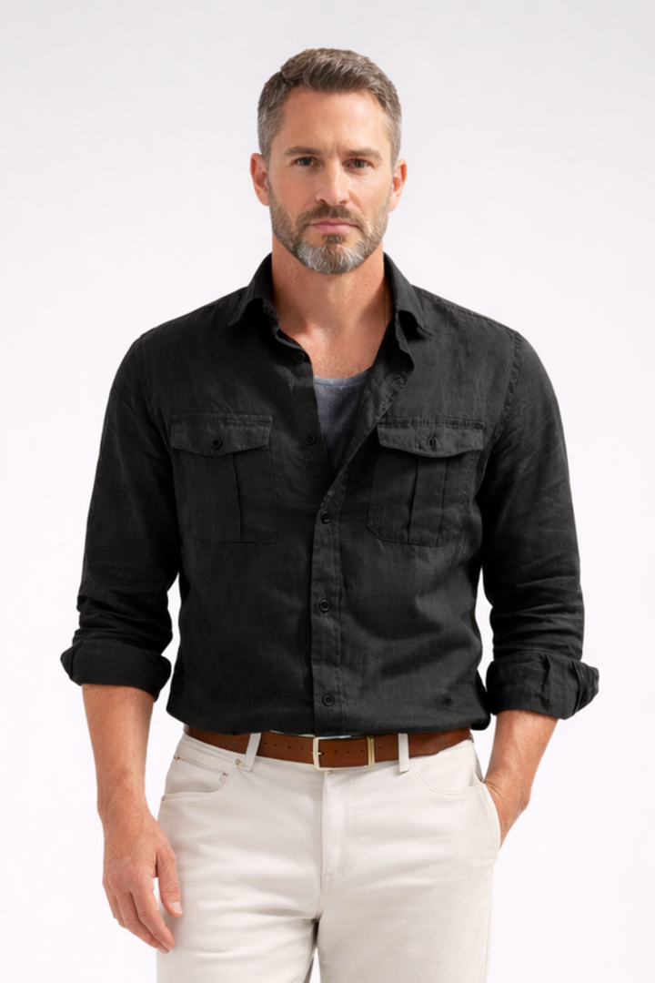 Men's casual long sleeve button-up shirt with double chest pockets. Stylish and comfortable everyday utility top.