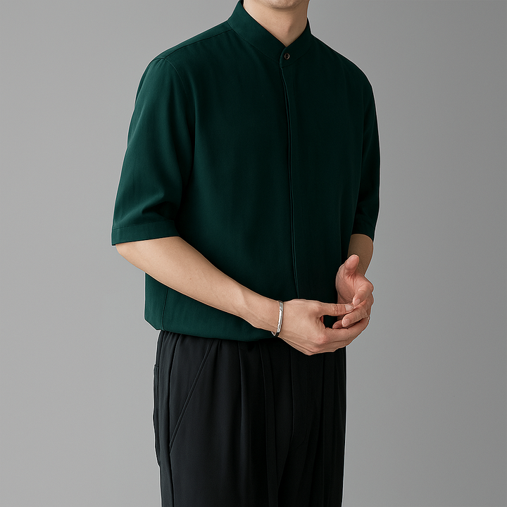 Men's casual long-sleeve mandarin collar shirt, relaxed fit, button-front, perfect for spring & summer style.