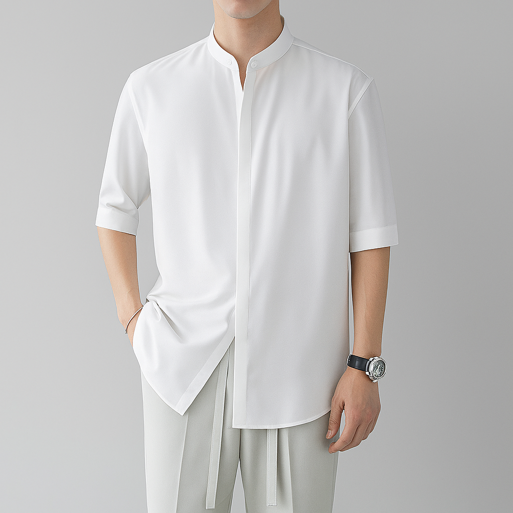 Stylish men's long-sleeve mandarin collar shirt in a light fabric, ideal for spring/summer, with a sleek button-front.