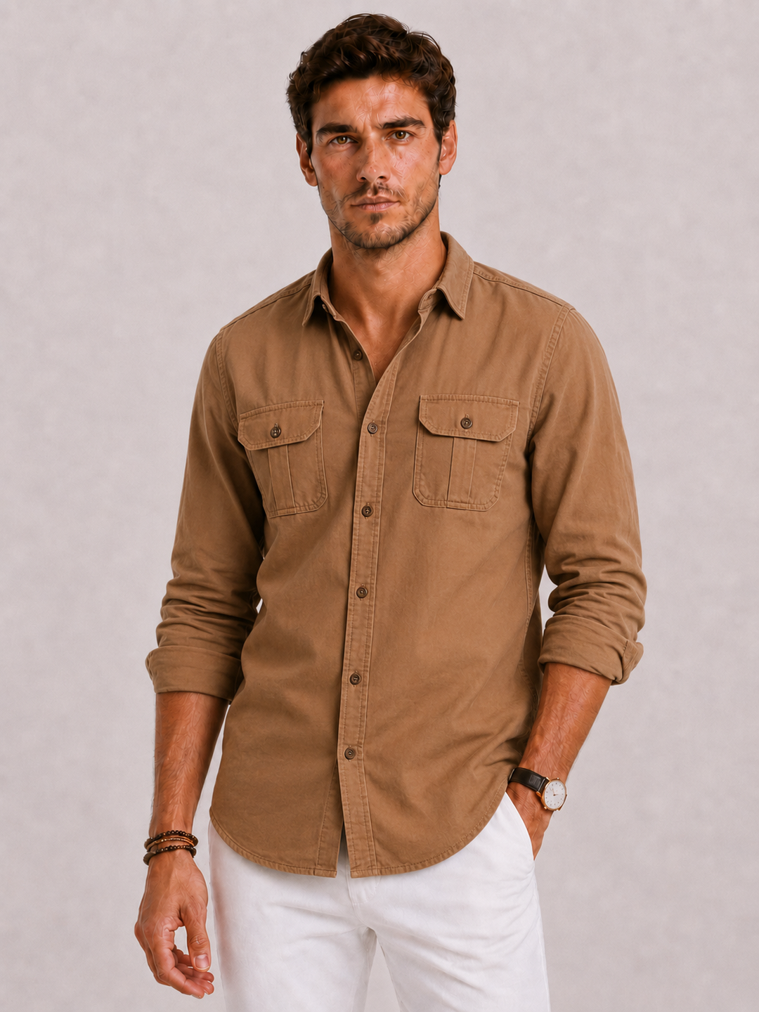 Men's casual long-sleeve Oxford button-up shirt in classic style, perfect for everyday comfort and versatile wear.