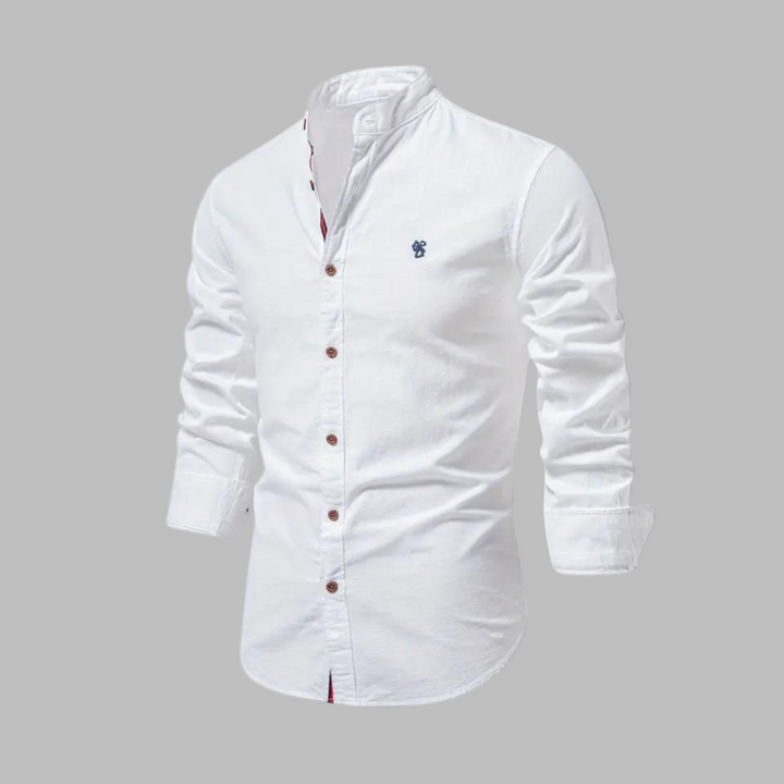 Stylish men's slim-fit long-sleeve polo with a button placket, ideal for smart casual fashion.