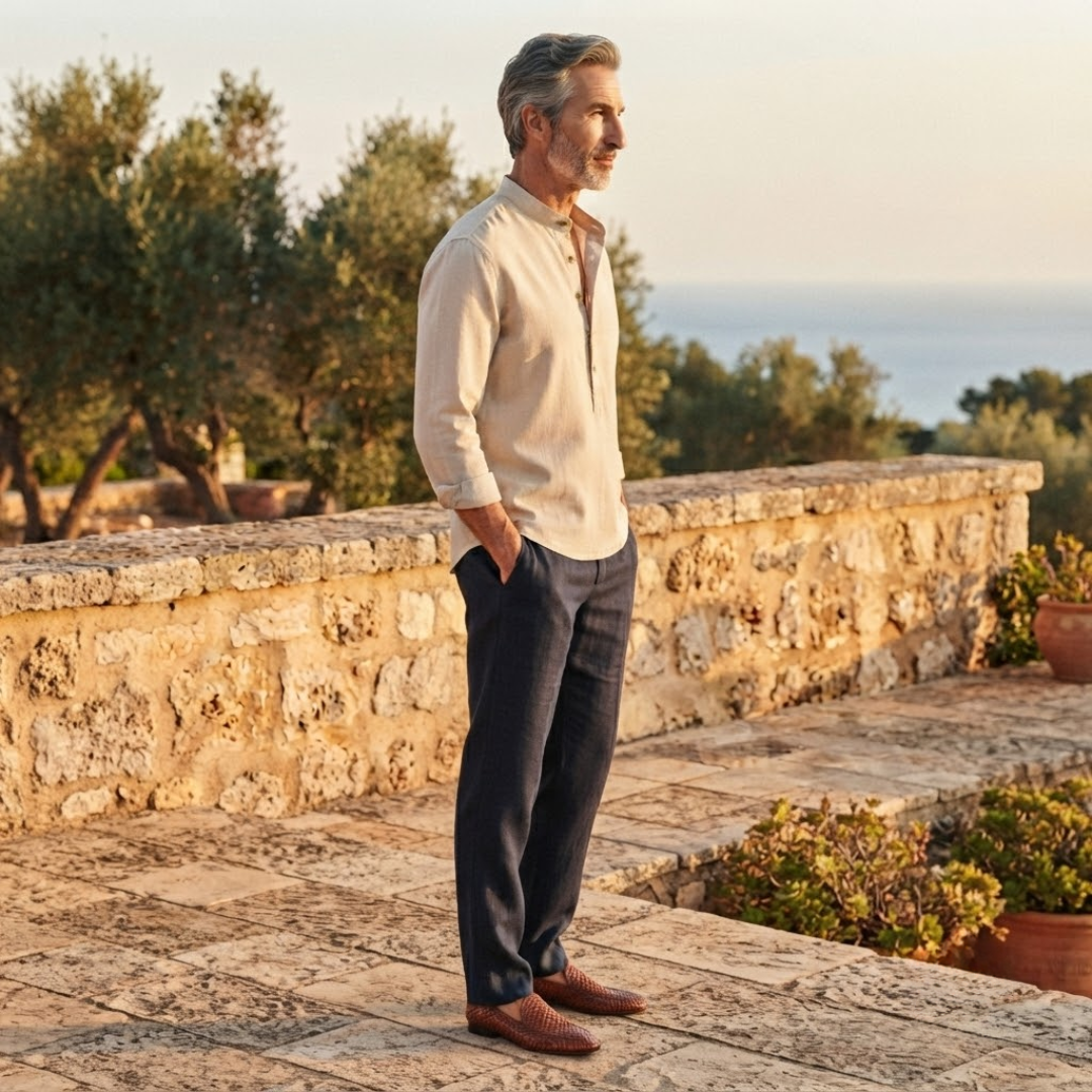 Stylish men's solid long sleeve casual shirt featuring a stand collar & comfortable relaxed fit.