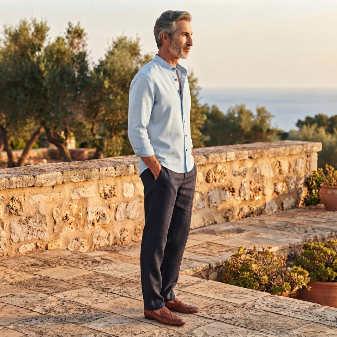 Relaxed fit men's casual shirt, solid long sleeve with a unique half button placket for comfort.
