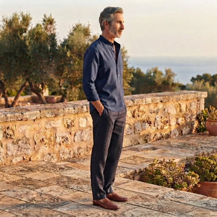 Everyday men's long sleeve casual shirt, solid design with a distinctive half placket & button detail.