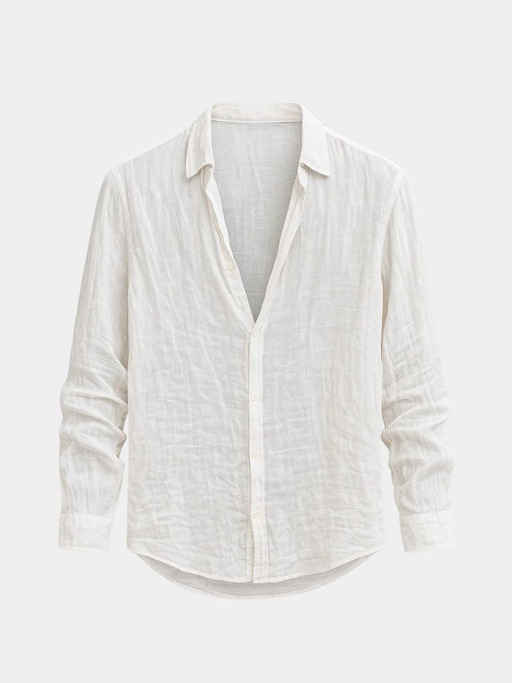 White men's long sleeve button-down casual shirt, ideal for versatile summer fashion and relaxed wear.