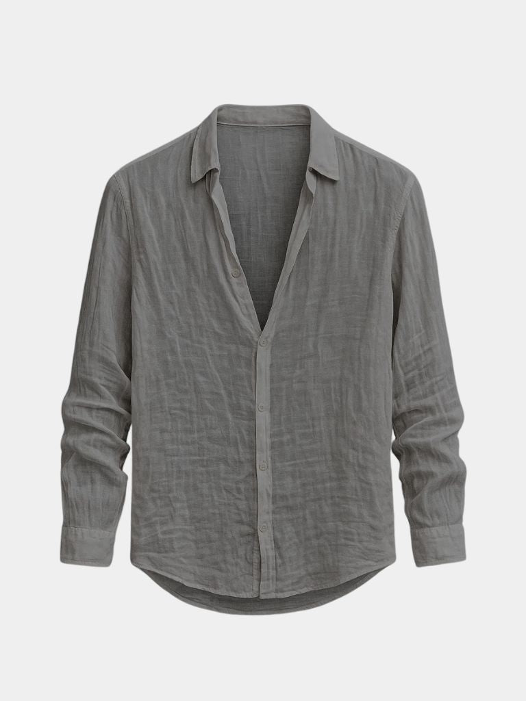 Grey men's relaxed fit long sleeve casual shirt, great for summer, everyday style, and warm weather.