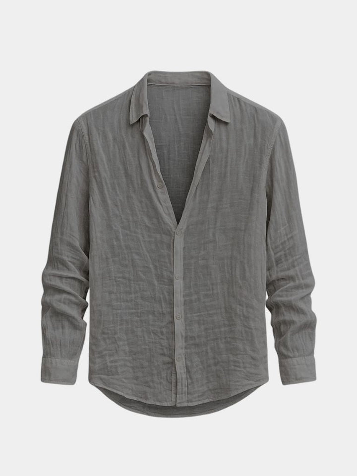 Grey men's relaxed fit long sleeve casual shirt, great for summer, everyday style, and warm weather.