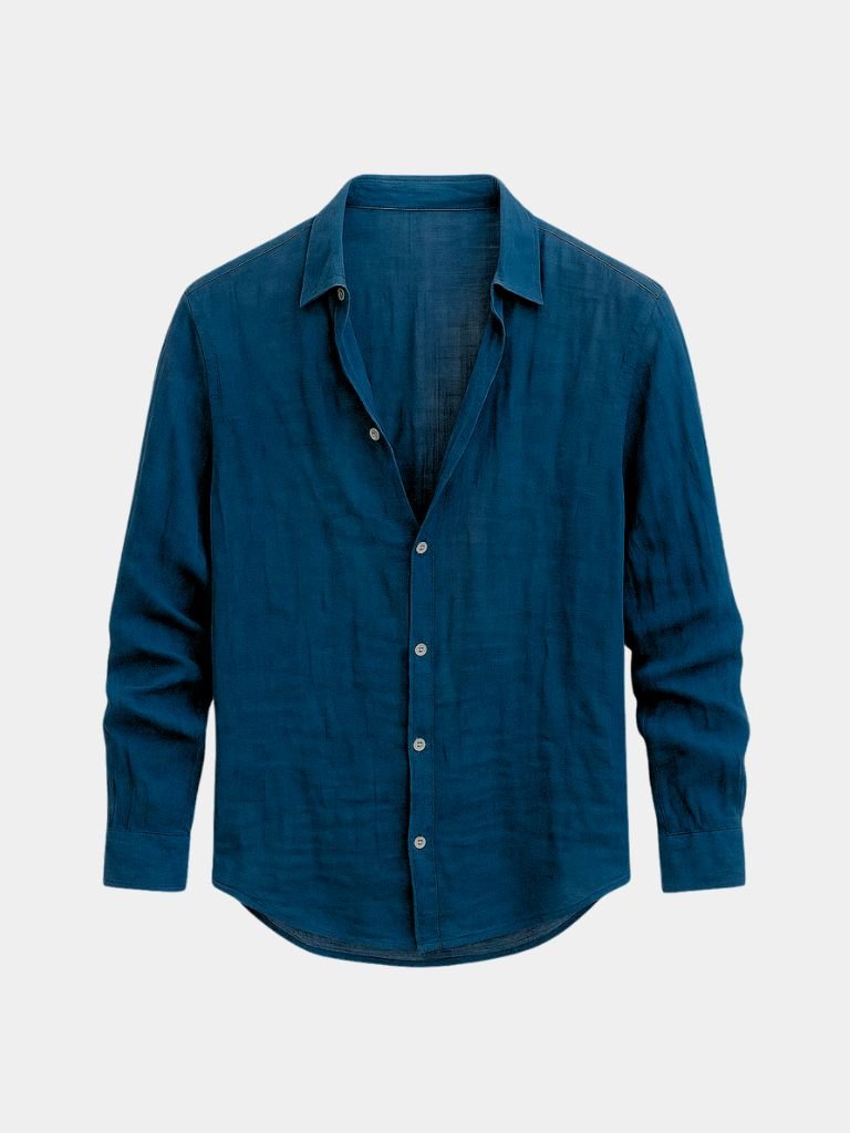 Navy men's long sleeve casual shirt for everyday summer style, a comfortable relaxed fit.