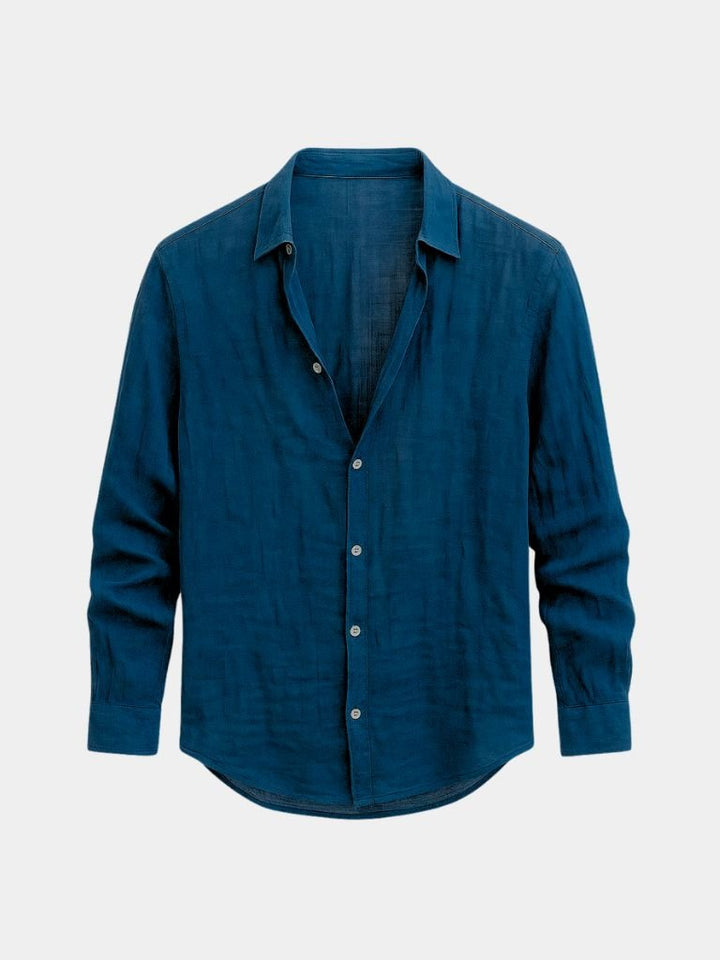 Navy men's long sleeve casual shirt for everyday summer style, a comfortable relaxed fit.