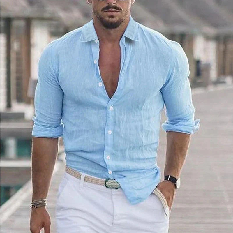 Men's spring/summer casual shirt, long sleeve, turn-down collar. Lightweight relaxed fit for comfortable everyday wear.
