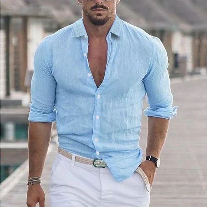 Men's spring/summer casual shirt, long sleeve, turn-down collar. Lightweight relaxed fit for comfortable everyday wear.