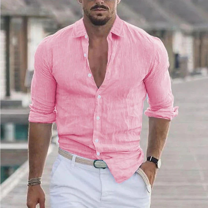 Relaxed fit men's casual shirt with turn-down collar. Long sleeve button-up, comfortable for everyday and stylish wear.