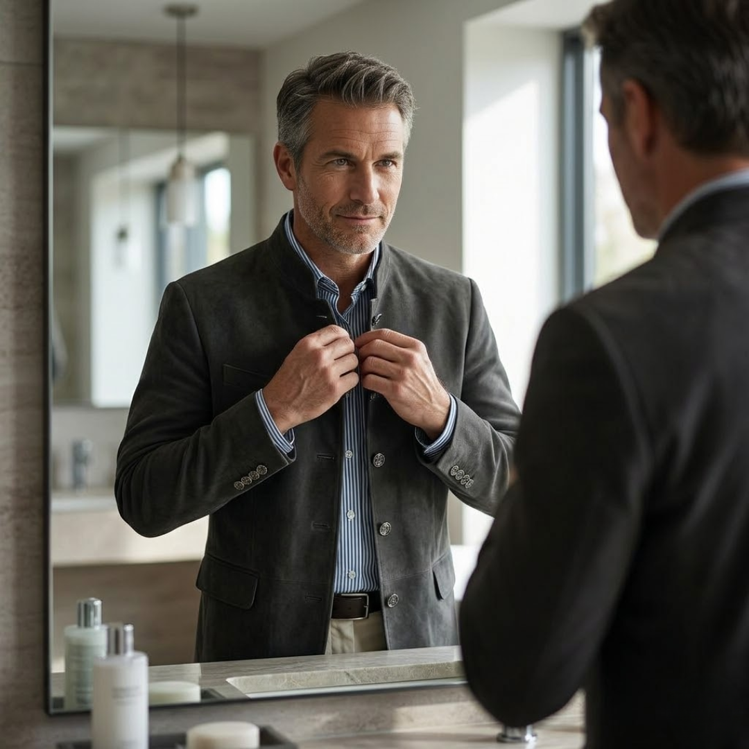 Close-up of the stylish buttons and soft knit fabric on a men's modern long sleeve cardigan. Comfortable & versatile.