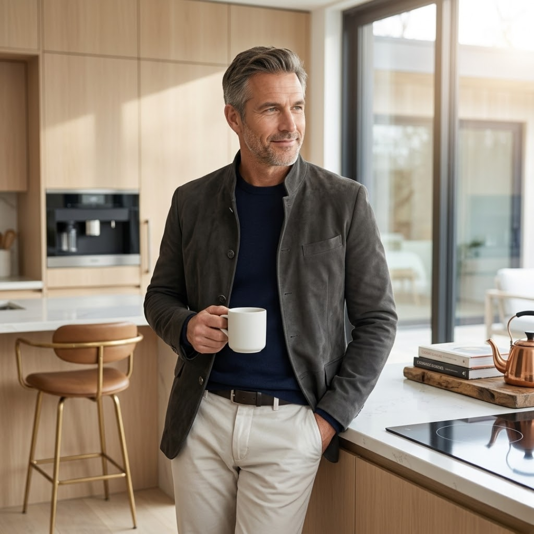 Side view of a man in a long sleeve casual cardigan, demonstrating the comfortable drape and versatile layering.