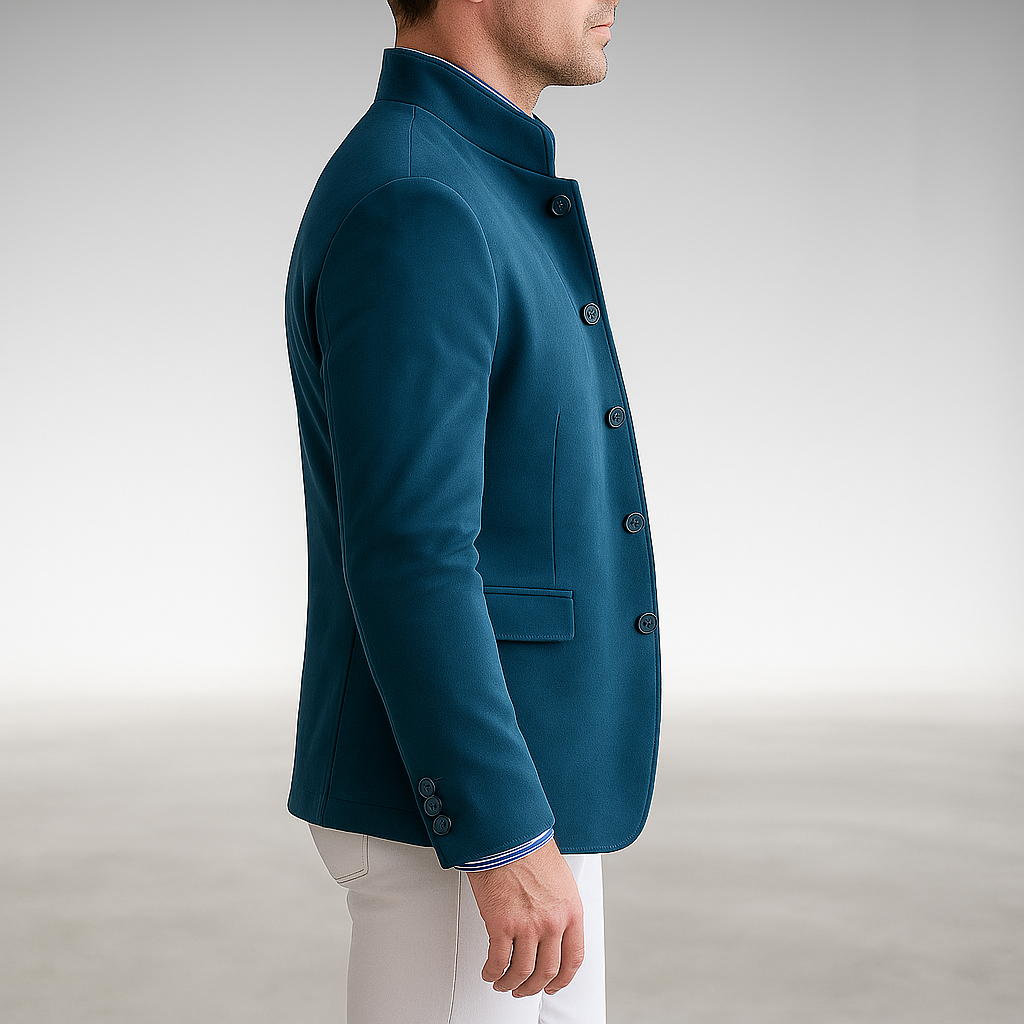 Texture close-up of a men's long sleeve modern cardigan, showcasing the soft, comfortable knit for daily wear.