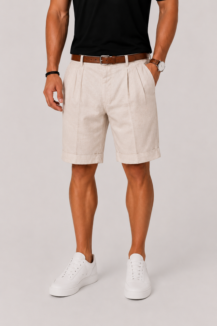 Stylish men's pleated shorts for summer fashion. Straight leg & comfortable, perfect for casual outings.