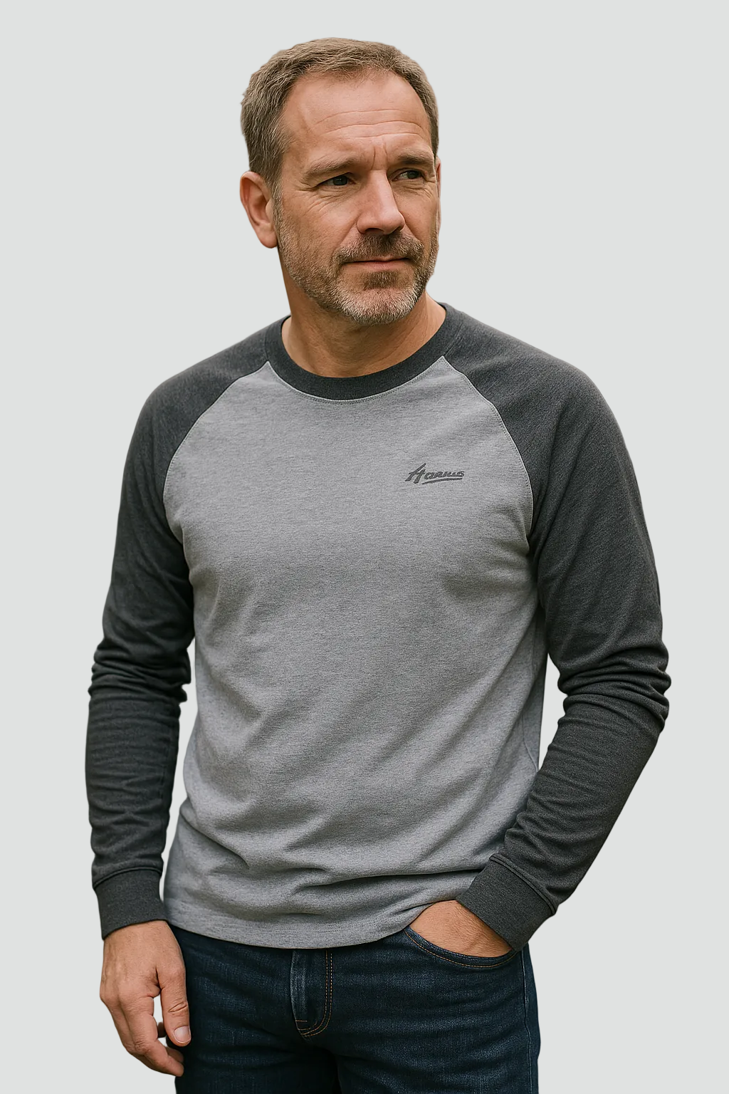 Men's casual raglan long sleeve shirt with crew neck, offering modern style and comfortable everyday wear.