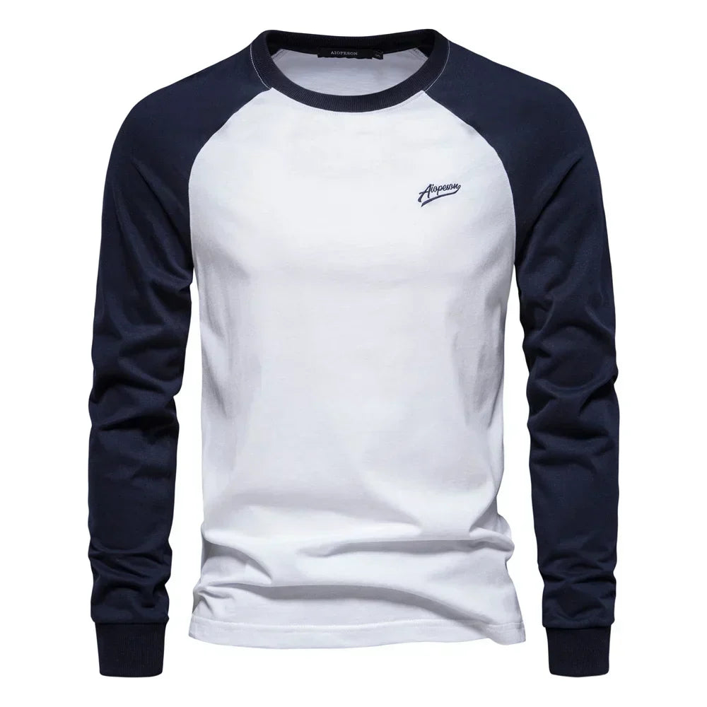 Stylish men's raglan long sleeve crew neck shirt, ideal for athletic style and everyday casual fashion.