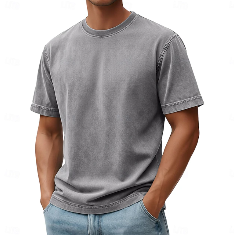 Summer men's casual round neck shirt. Short sleeve, relaxed fit, ideal warm weather wear & minimalist fashion.
