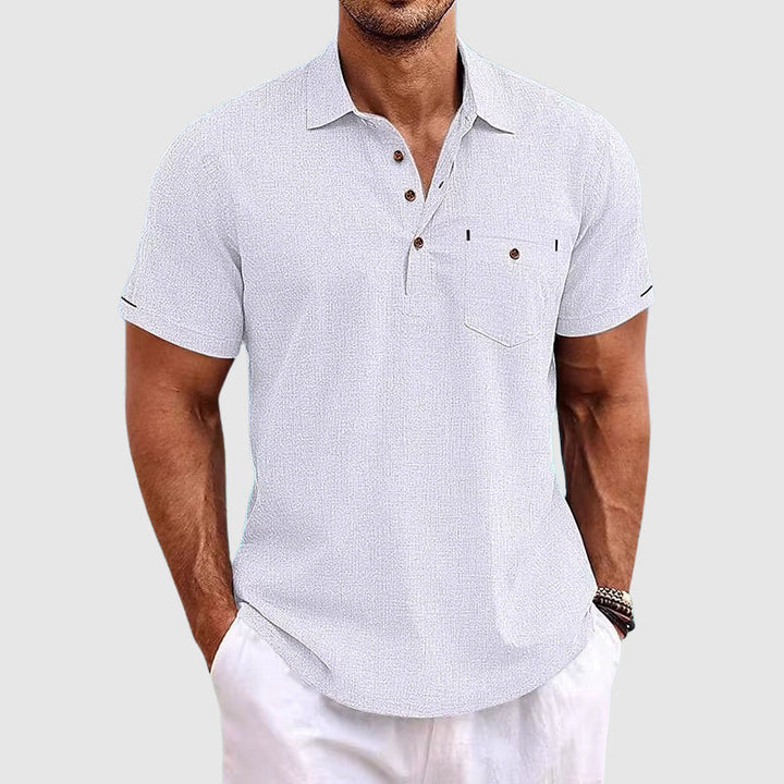 Stylish men's short sleeve polo shirt, offering comfortable, casual summer style for warm weather fashion.