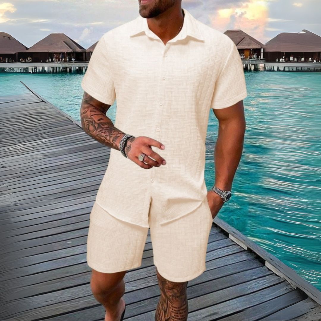 Men's casual short sleeve shirt & shorts matching set, perfect for summer vacation or loungewear.