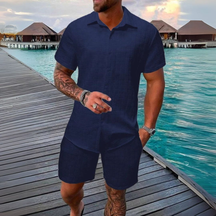 Men's vacation-ready short sleeve shirt & shorts combo, a must-have casual summer outfit.