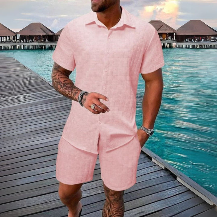 Comfortable men's matching short sleeve shirt and shorts set for ultimate casual summer style.