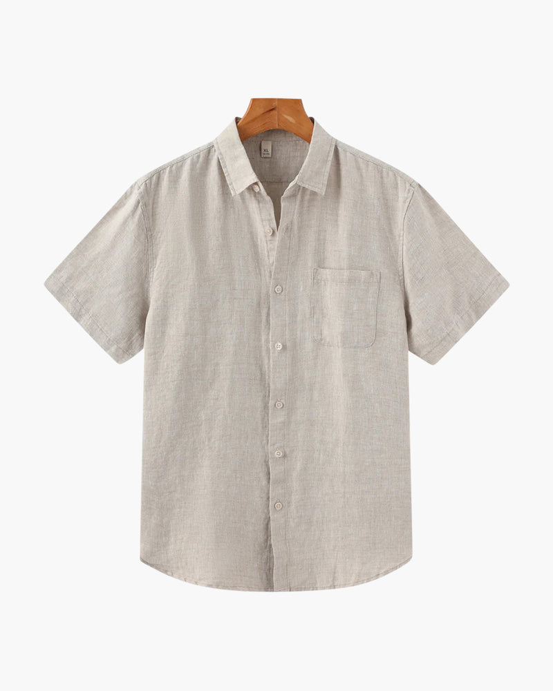 Comfortable men's button-up short sleeve shirt for summer travel & resort wear.