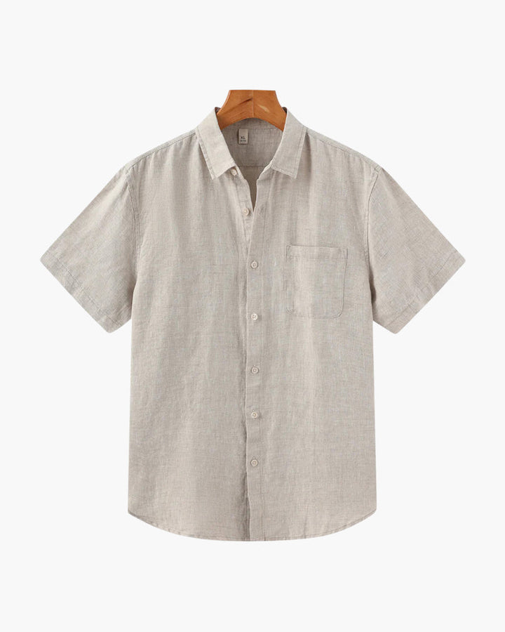 Comfortable men's button-up short sleeve shirt for summer travel & resort wear.