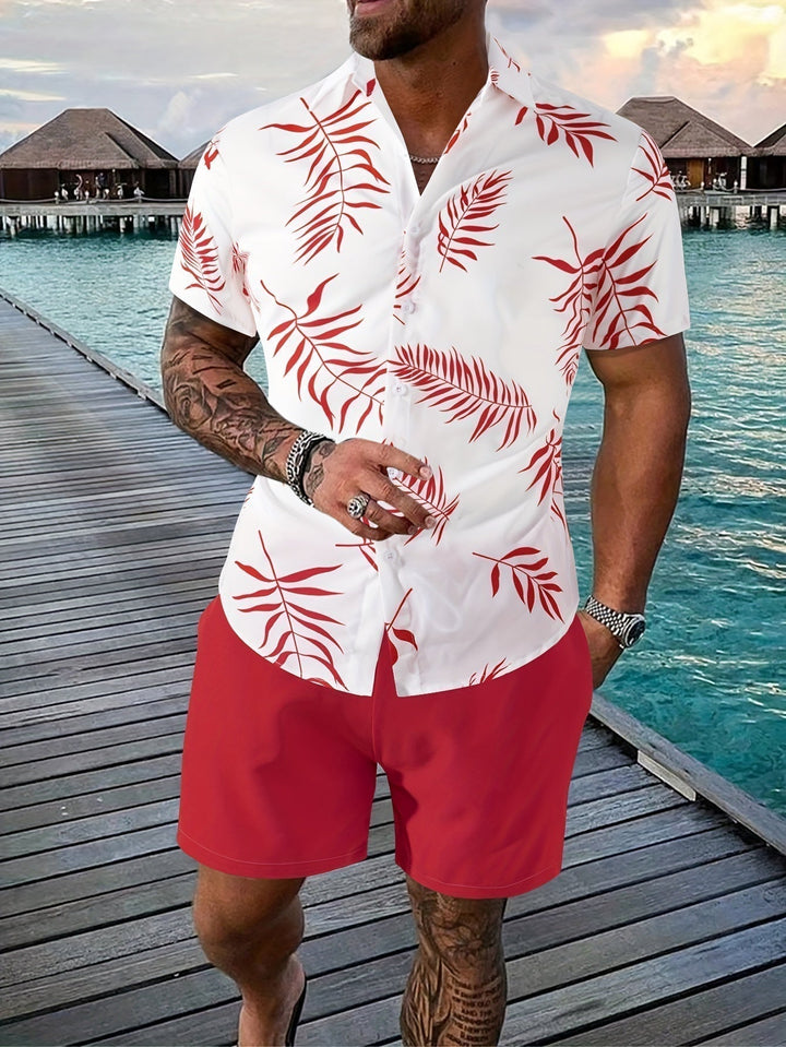 Abstract print men's casual short-sleeve two-piece set. Relaxed summer shorts & shirt combo for vacation.