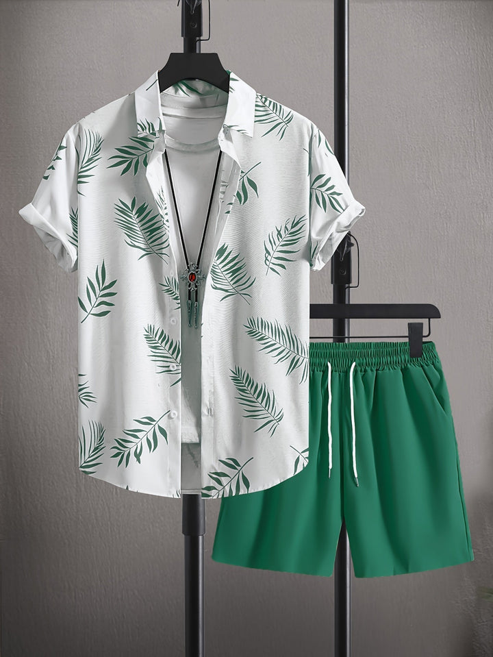 Comfortable men's casual short-sleeve two-piece set with abstract design. Ideal summer vacation shorts & top.