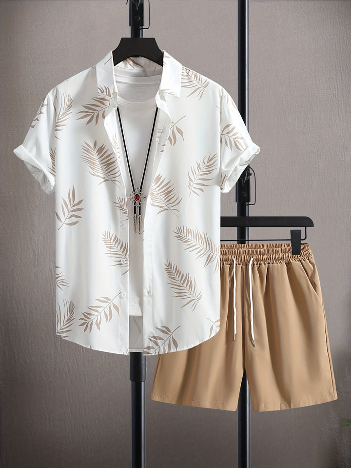 Men's fashionable abstract short-sleeve two-piece set. Casual summer shorts & shirt combo for vacation style.