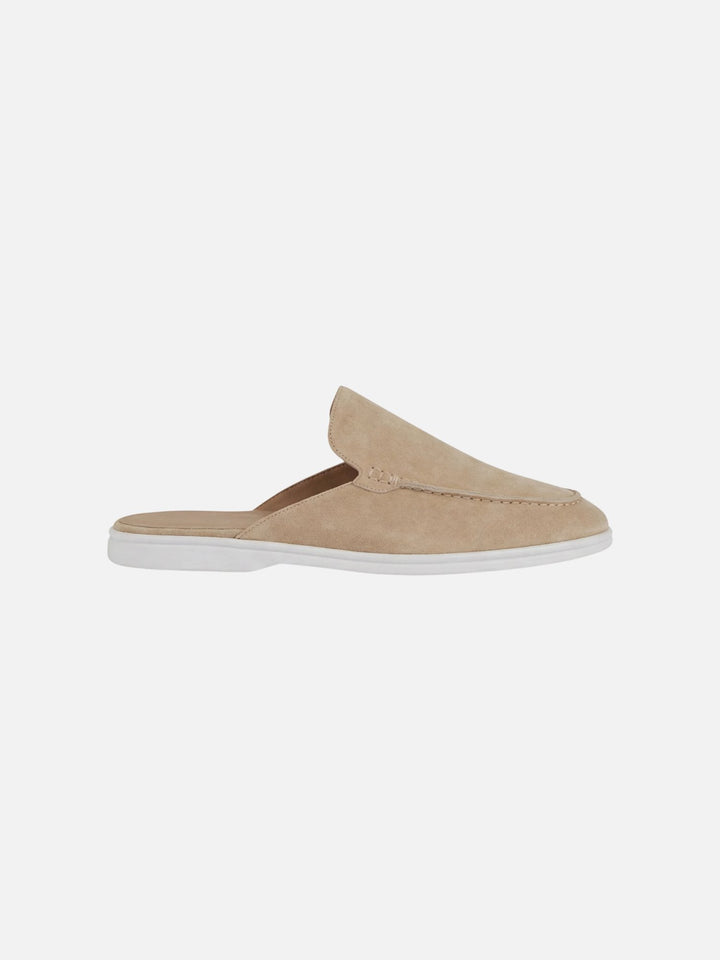 Black men's slip-on mules with distinct stitched detail. Breathable & easy wear open heel casual shoes.