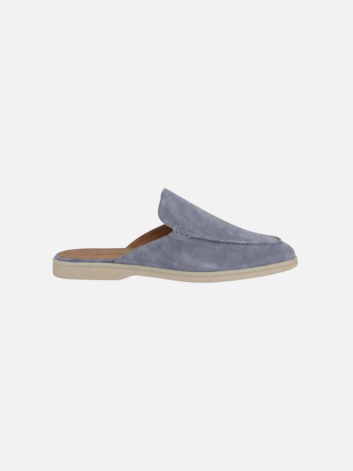 On-foot shot of men's smart casual slip-on mules. Open heel & stitched detail elevate summer fashion.