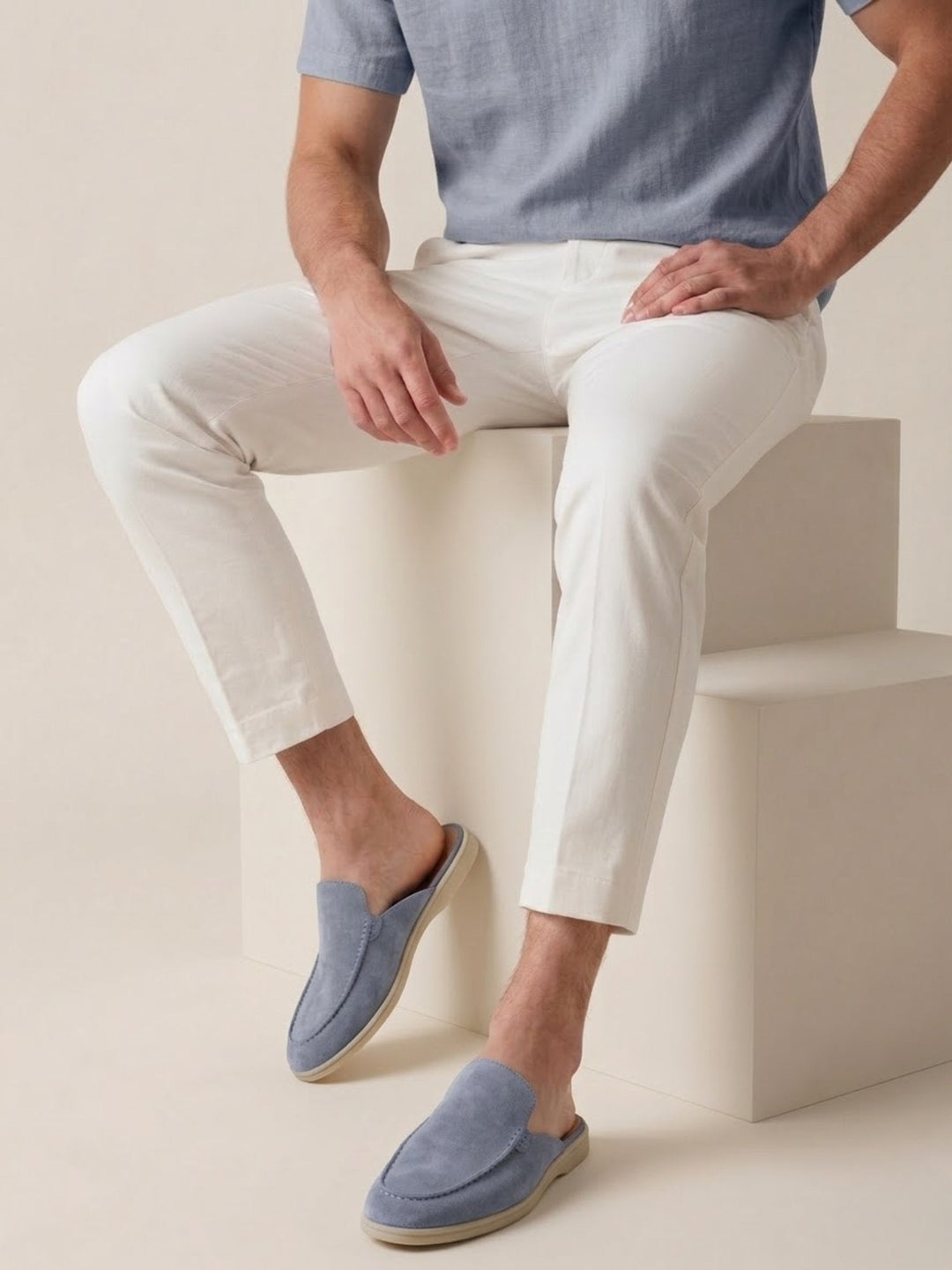 Top-down view of men's slip-on mules, highlighting the comfortable design & stylish stitched detail.