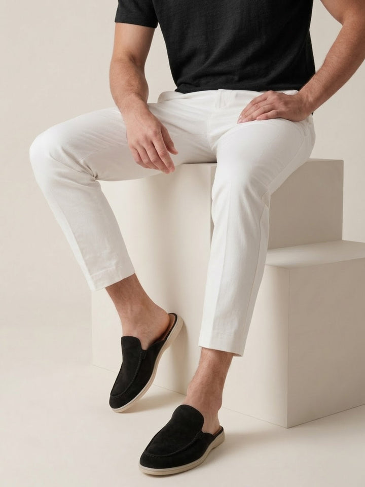 Close-up of the elegant stitched detail on men's casual slip-on mules, showcasing quality craftsmanship.