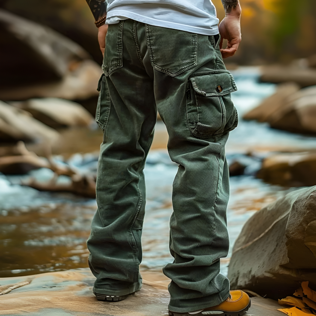 Stylish men's ribbed straight leg trousers, offering a timeless look and comfortable fit for casual or smart occasions.