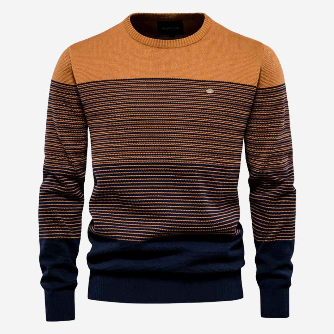 Men's casual striped knit pullover sweater with long sleeves & crew neck, perfect for autumn.