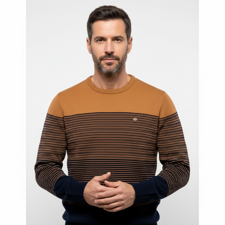 Stylish men's knit pullover sweater, striped design. Ideal casual wear for winter & autumn.