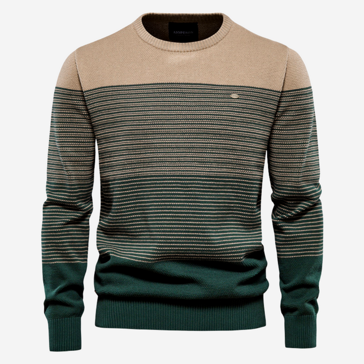 Soft knit striped men's crew neck pullover sweater. Comfortable and modern casual long sleeve for fall.