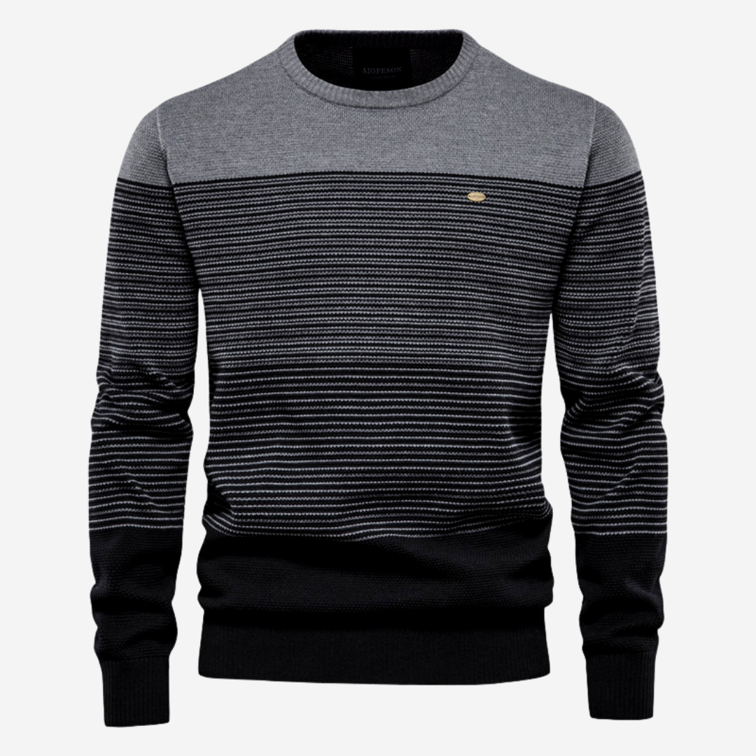 Modern men's striped knit pullover. Casual long sleeve crew neck sweater, great for autumn & winter style.